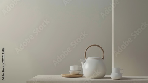 Morning Beverage Essentials: Hot Tea Teapots, Black Coffee Mugs, White China Saucers & Empty Clay Jugs