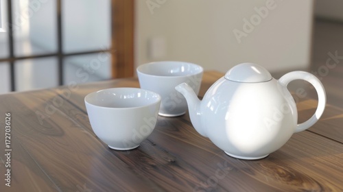 Morning Beverage Essentials: Hot Tea Teapots, Black Coffee Mugs, White China Saucers & Empty Clay Jugs