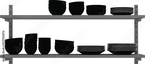 Wooden Shelving with Black Bowls and Plates for Kitchen Storage