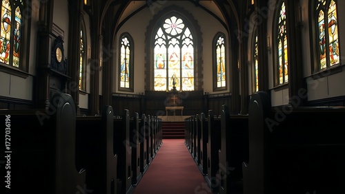 A serene church interior illuminated by stained glass, with empty wooden pews in focus.