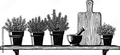 Herbs, Mortar, and Cutting Board on Shelf