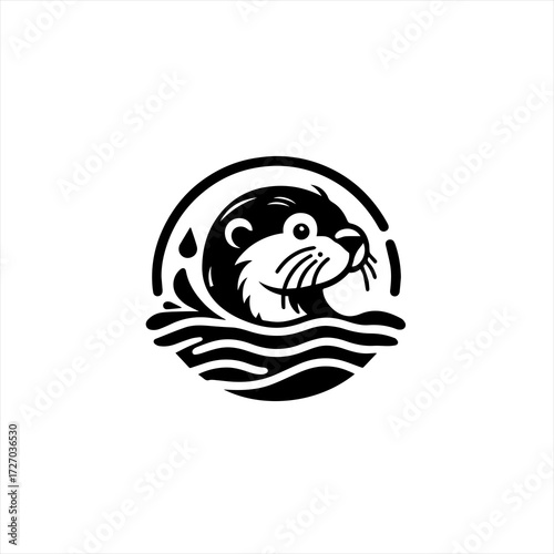 Cute otter swimming in water circle logo design