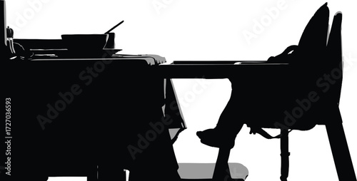Silhouette of a Child in High Chair at Table, Mealtime, Dining