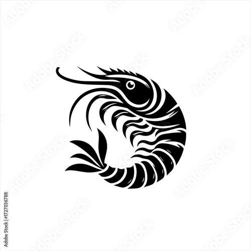 Stylized black and white shrimp silhouette icon