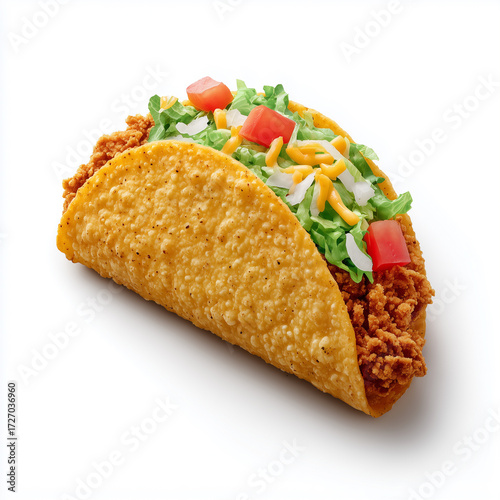 Delicious chicken meats with vegetables. Taco shell with lettuce, ground beef meat, mashed avocado, tomato, red onion and jalapeno pepper, isolated on a white background