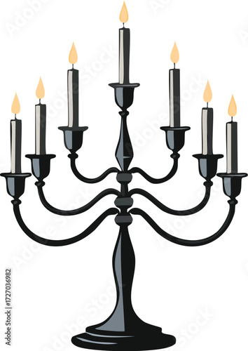 A vintage black candelabra with burning blue candles. An elegant vector illustration for concepts of magic, mystery, and classic decor. Generative AI