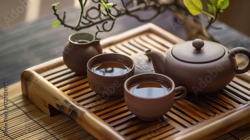 Morning Beverage Essentials: Hot Tea Teapots, Black Coffee Mugs, White China Saucers & Empty Clay Jugs
