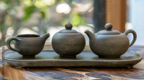 Morning Beverage Essentials: Hot Tea Teapots, Black Coffee Mugs, White China Saucers & Empty Clay Jugs