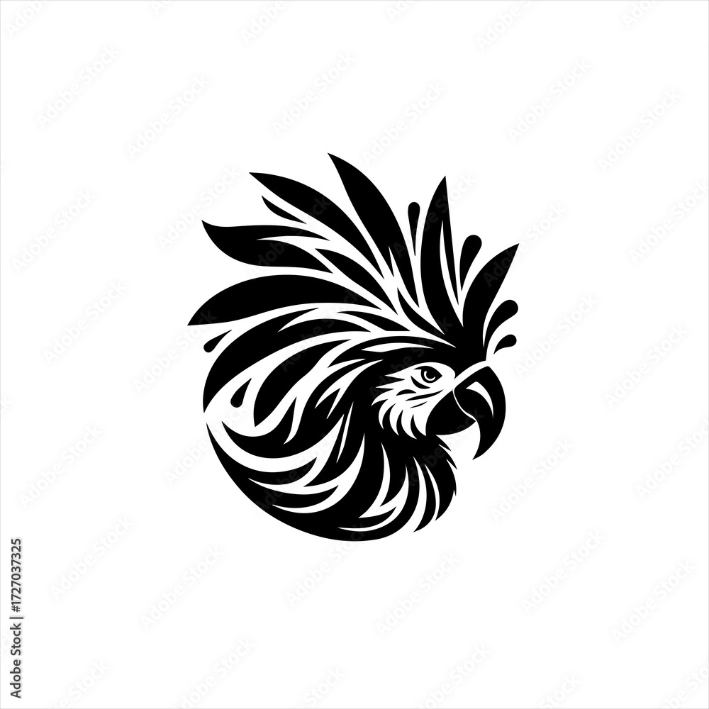 Fototapeta premium Stylized black parrot head with crest on white background