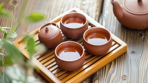 Morning Beverage Essentials: Hot Tea Teapots, Black Coffee Mugs, White China Saucers & Empty Clay Jugs