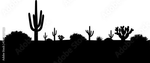 Desert landscape silhouette with cactus and bushes in black and white art. Vector illustration
