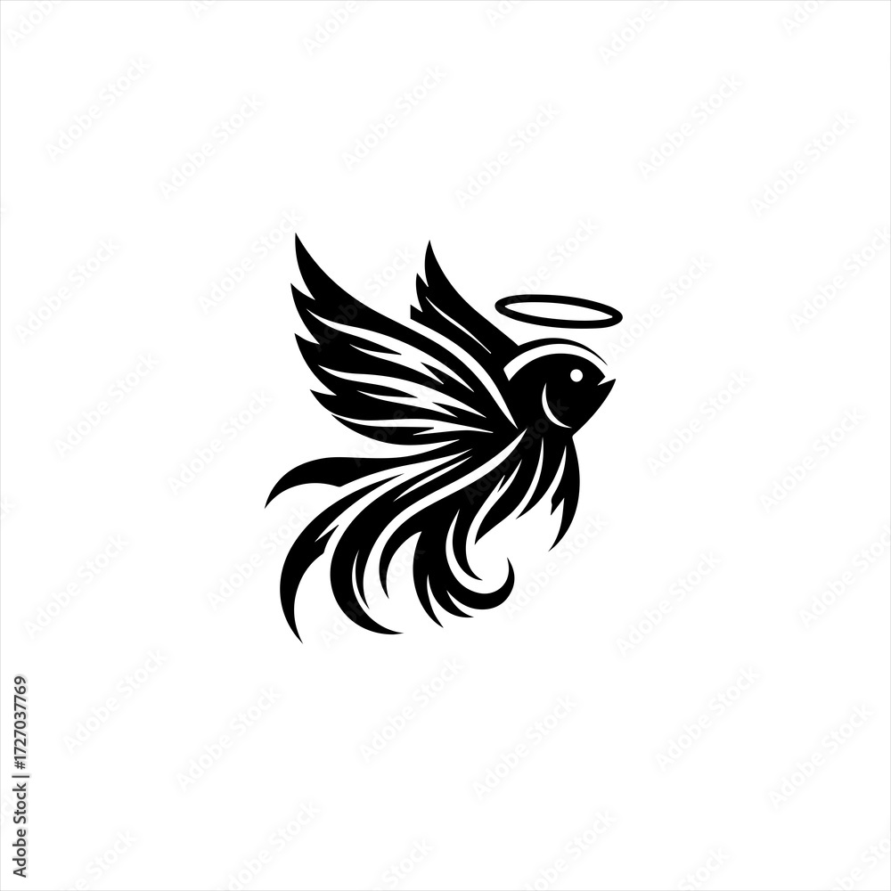 Obraz premium Stylized black bird with wings and a halo on white background