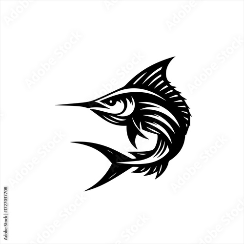 Black and white stylized marlin fish illustration on a white background