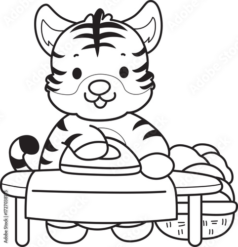 Coloring book of cute tiger character vector clip art for children.  