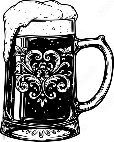 Black and white illustration of a frothy beer mug with detailed design. Vector illustration

