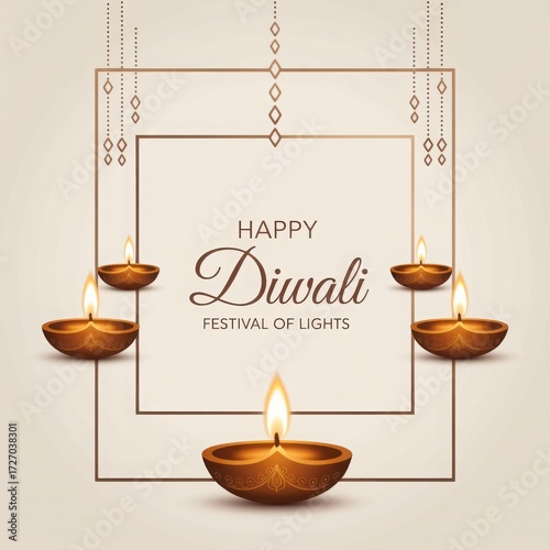 Elegant happy diwali festival of lights with diya lamps