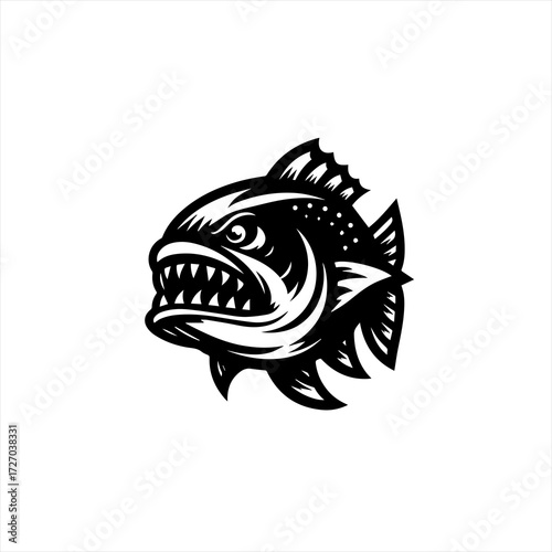Fierce piranha head with sharp teeth black and white illustration