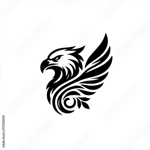 Stylized black eagle head and wing emblem on white background
