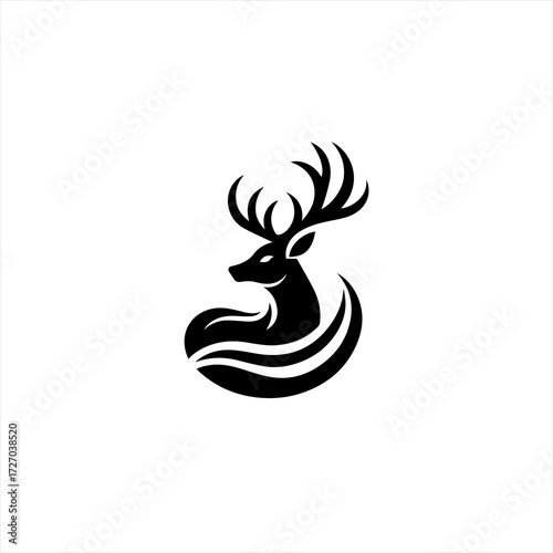 Elegant black deer silhouette with flowing lines logo design