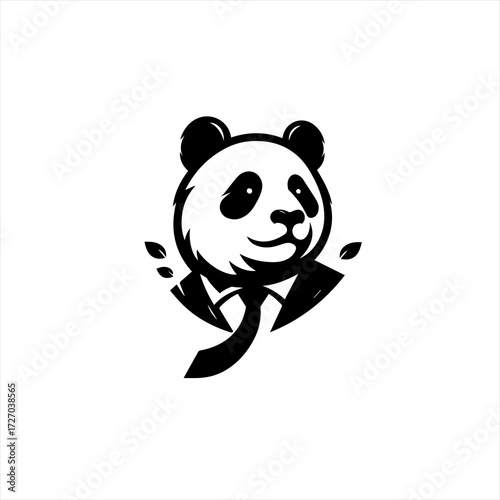 Stylized panda bear wearing a suit and tie with leaves