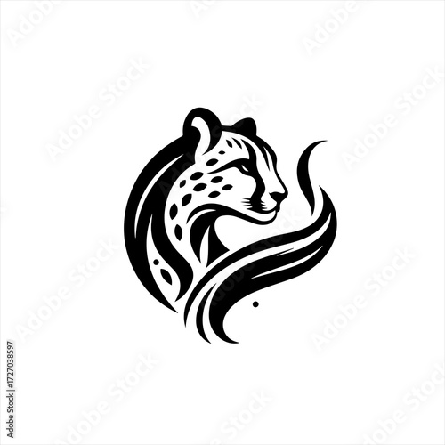 Stylized cheetah head logo design black and white