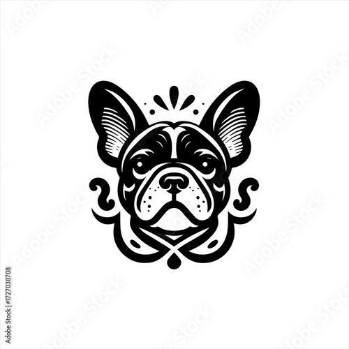 Stylized black and white french bulldog head with ornate details
