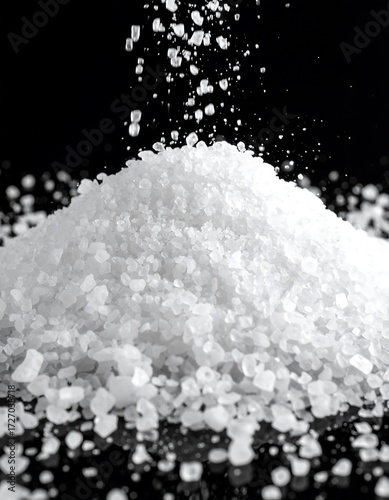 White crystals pile, water droplets falling