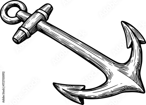 Detailed black and white sketch of a nautical anchor drawing. Vector illustration
