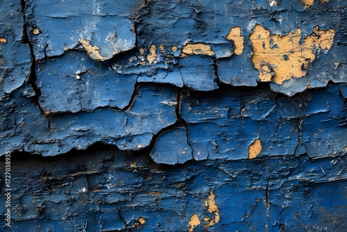 Close up of cracked and peeling blue paint revealing a yellow undercoat on a wooden surface