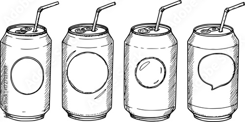 Illustration of four soda cans with straws in black and white sketch style. Vector illustration

