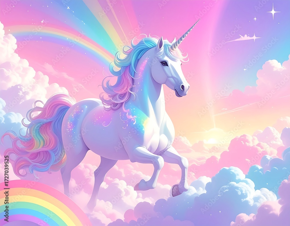 Naklejka premium Pastel unicorn on clouds with rainbow