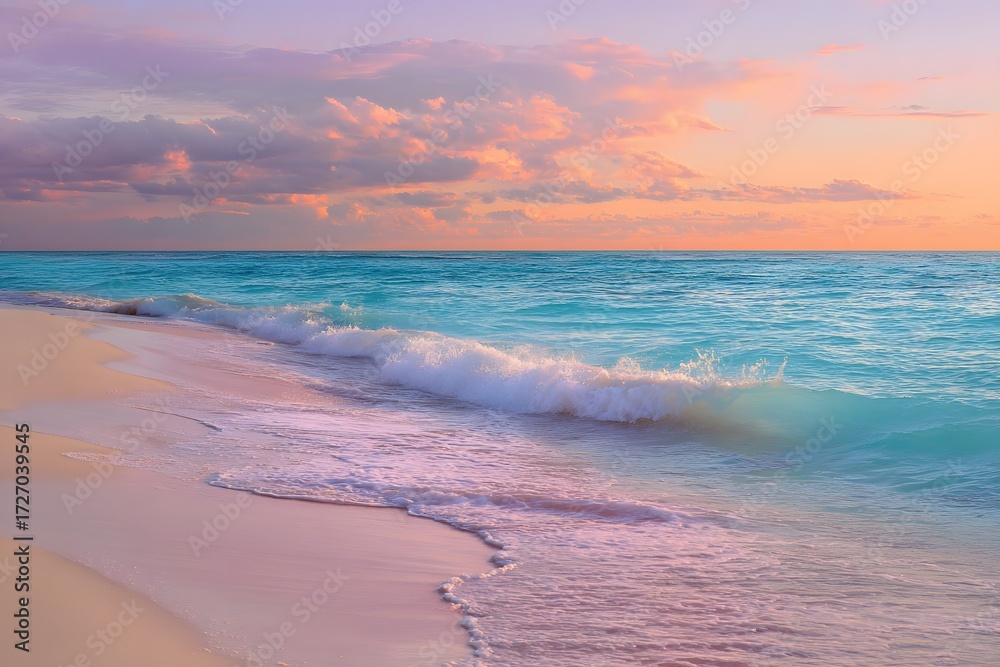 Obraz premium Ocean wave washes pink sand beach at sunset water