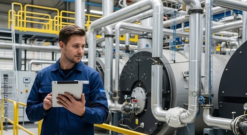 Technician checking industrial equipment at factory
