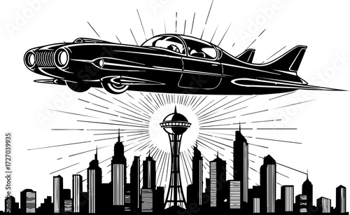 Retro futuristic car soaring above a dynamic cityscape, symbolizing innovation, progress, and a bold new future