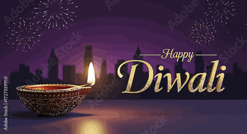 Happy Diwali A Radiant Celebration of Lights and Blessings with Fireworks and Cityscape