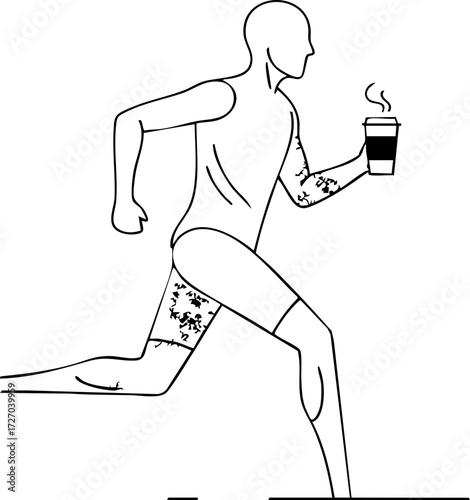 Energetic runner enjoying coffee during morning exercise, embracing fitness and healthy lifestyle in a dynamic black and white illustration
