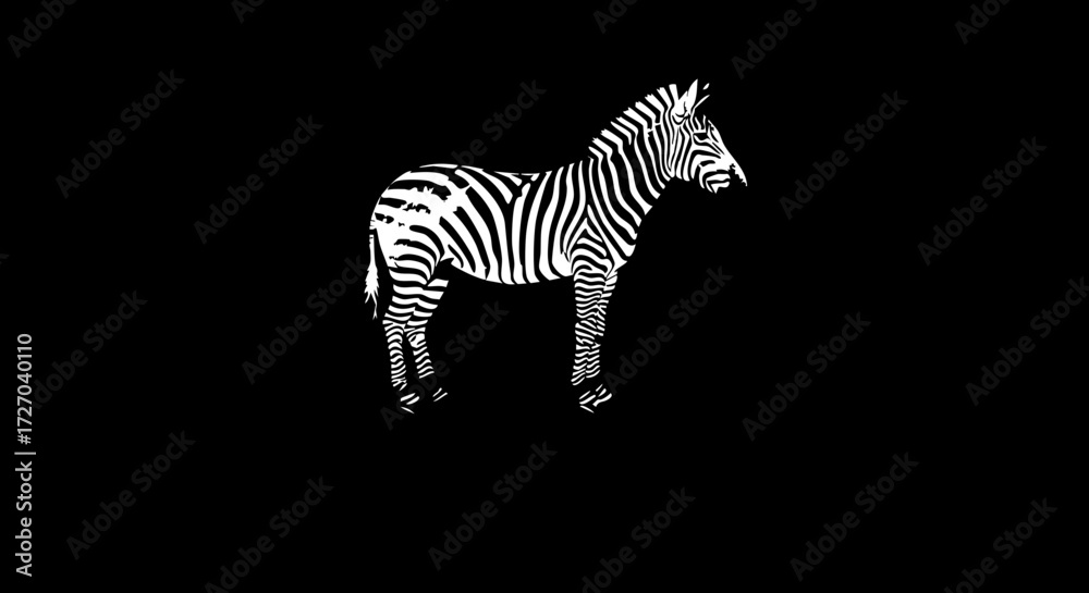 Fototapeta premium Striking zebra standing calmly, showcasing its unique striped pattern in a minimalist black and white design, ideal for branding and creative projects