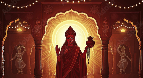Vibrant illustration of a spiritual figure radiating light within an ornate temple, surrounded by festive decorations and devotees, symbolizing cultural celebration and auspiciousness
