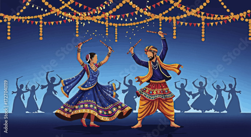 Celebrating Navratri A Vibrant Dandiya Dance Illustration under Festive Lights