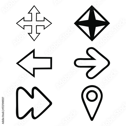 Collection of six distinct navigation and directional arrow icons for user interface design and web applications