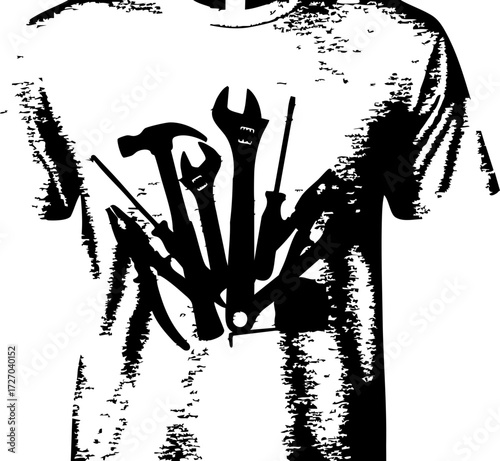 Dynamic t-shirt design features a bold graphic of assorted tools creating an artistic statement for DIY enthusiasts and tradespeople