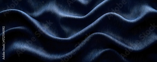 Close up shot of a dark blue fabric with wavy folds and subtle texture under soft lighting effect