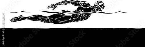 Dynamic swimmer powers through water with focused determination, embodying athletic achievement and competitive spirit in striking low poly style