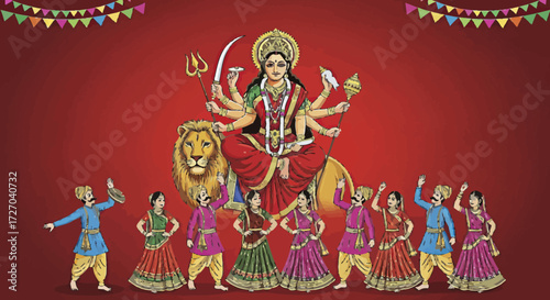 Vibrant illustration of a Hindu festival celebration featuring the revered goddess and devotees performing traditional folk dances, symbolizing cultural joy and spiritual devotion