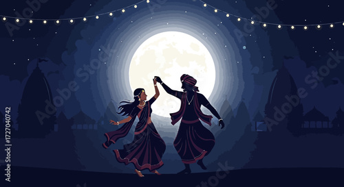 An enchanting illustration of a traditional Indian couple joyfully dancing under a luminous full moon