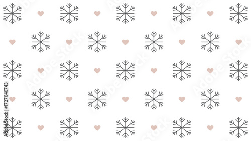 Pattern of snowflakes and hearts arranged in a repeating grid on a white background surface design