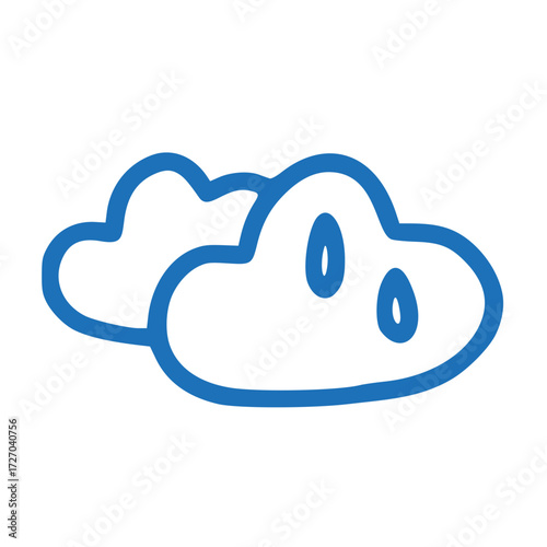 Simple blue outline icon depicting two stylized clouds, one with falling raindrops, representing a forecast for rainy or cloudy weather conditions, ideal for web and mobile application interfaces