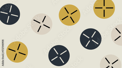 A pattern of circles in navy beige and gold with four dashes inside on a light beige background art