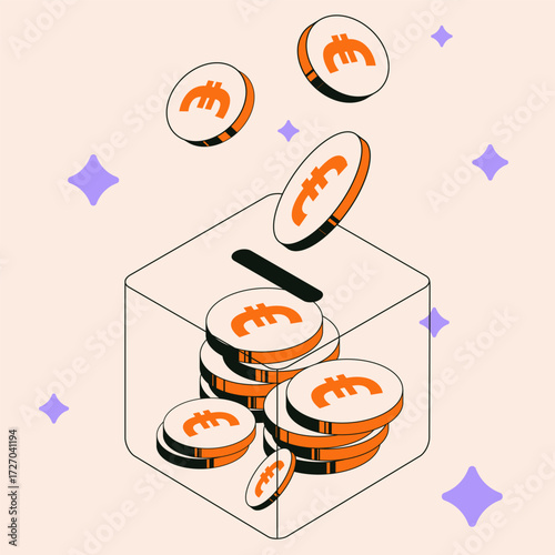 Coins falling into a transparent box with blockchain and crypto finance theme poster, digital artwork 
