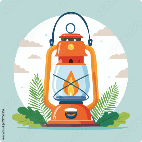 A vintage, red kerosene lantern surrounded by leaves. A vector illustration for camping, adventure, and rustic decor concepts. Generative AI